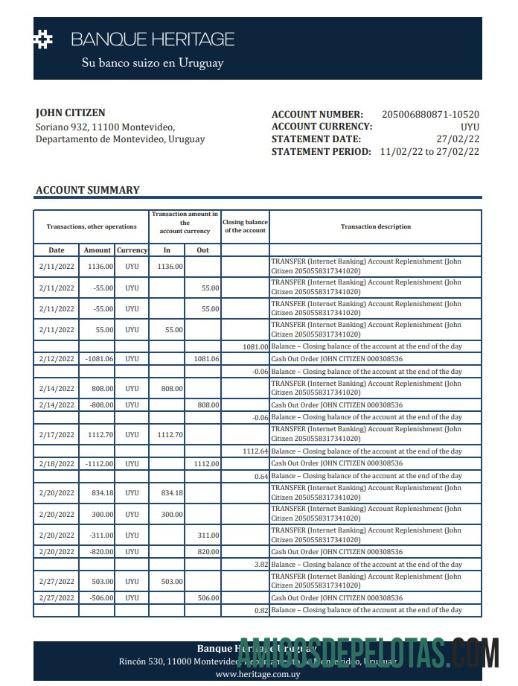 Extrato bancário realista do Uruguai Banque Heritage, modelo Excel e PDF